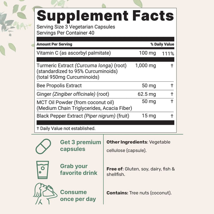 High Quality Turmeric Curcumin Capsules Curcumin 1000Mg- with 95% Curcuminoids - Brain Cognitive & Digestive Health, Antioxidant